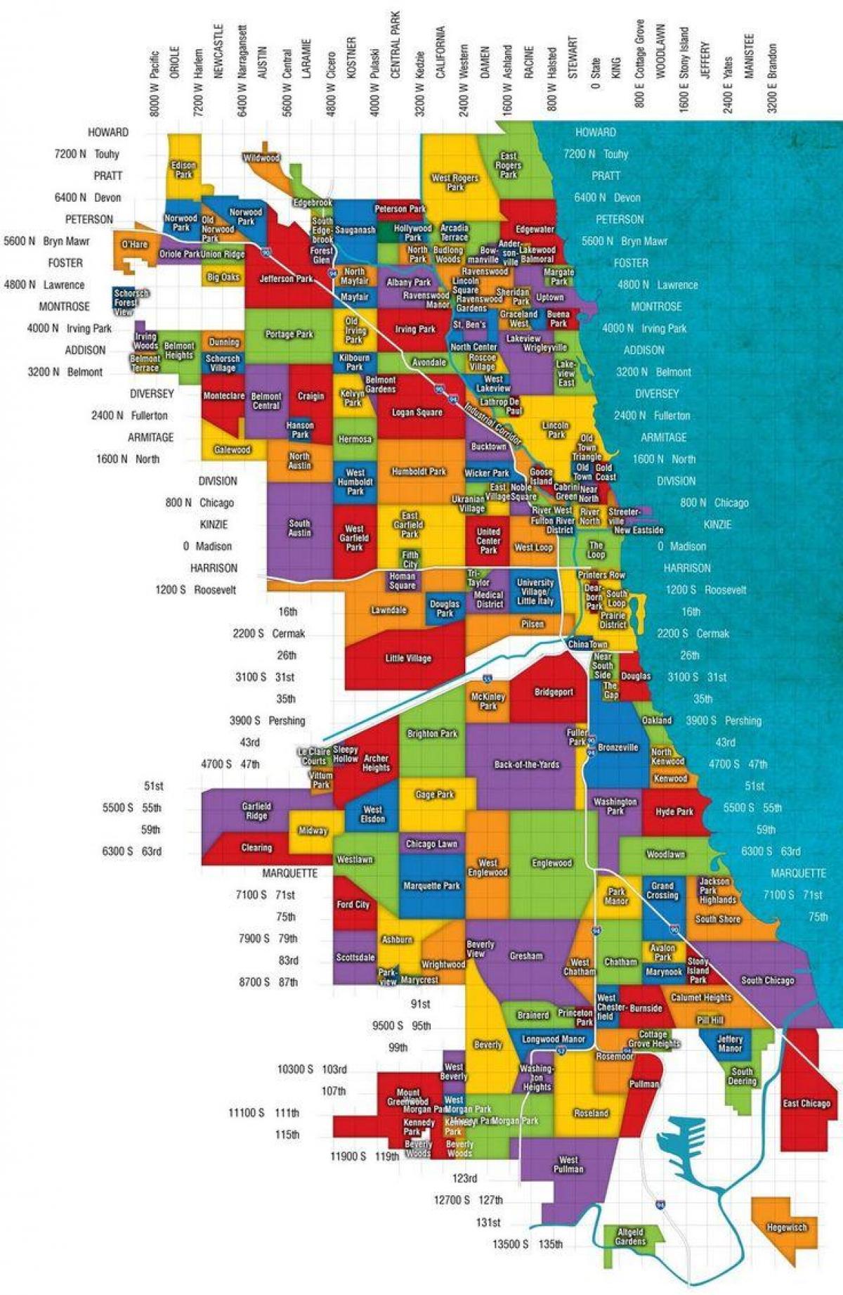 แผนที่ของชิคาโกและหมู่บ้านย่านชานเมืองต่าง